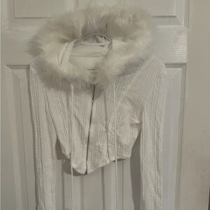 Fuzzy Collar Pom Pom Crop Top